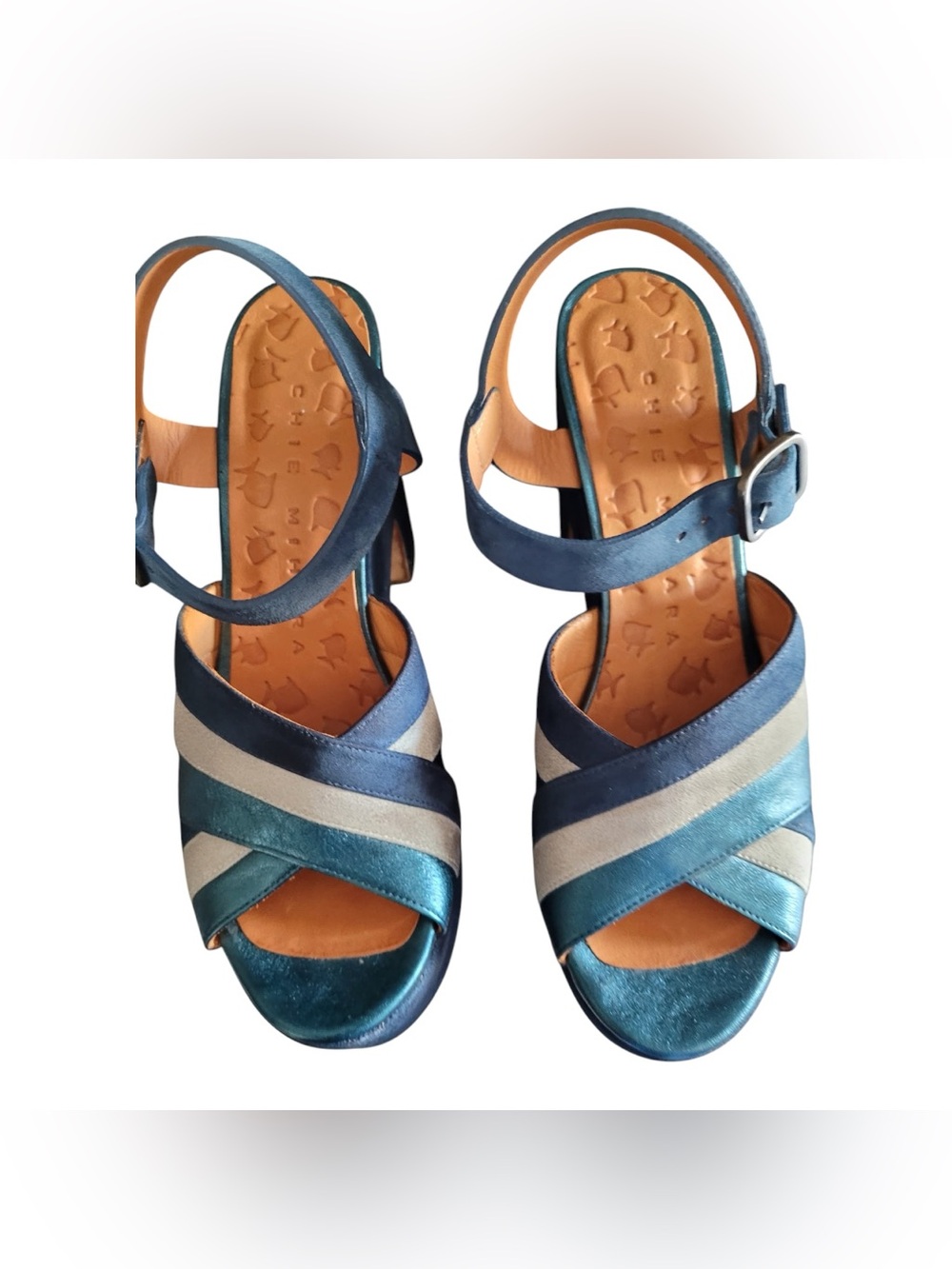 Chie Mihara Leather Crisscross Ankle Strap Platform Sandals in Teal & Navy